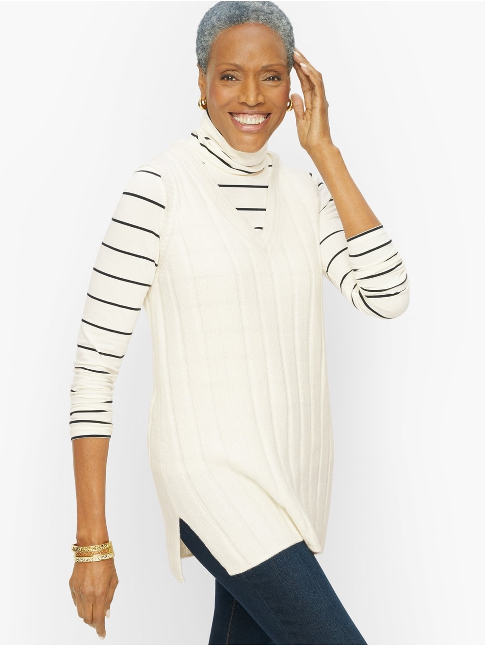 NWT Talbots Cream V-Neck Sleeveless Ribbed Tunic Sweater Vest (M)